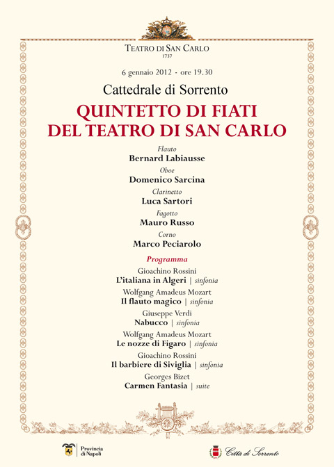 6 Gennaio. A Sorrento il concerto del Quintetto di fiati del Teatro di San Carlo